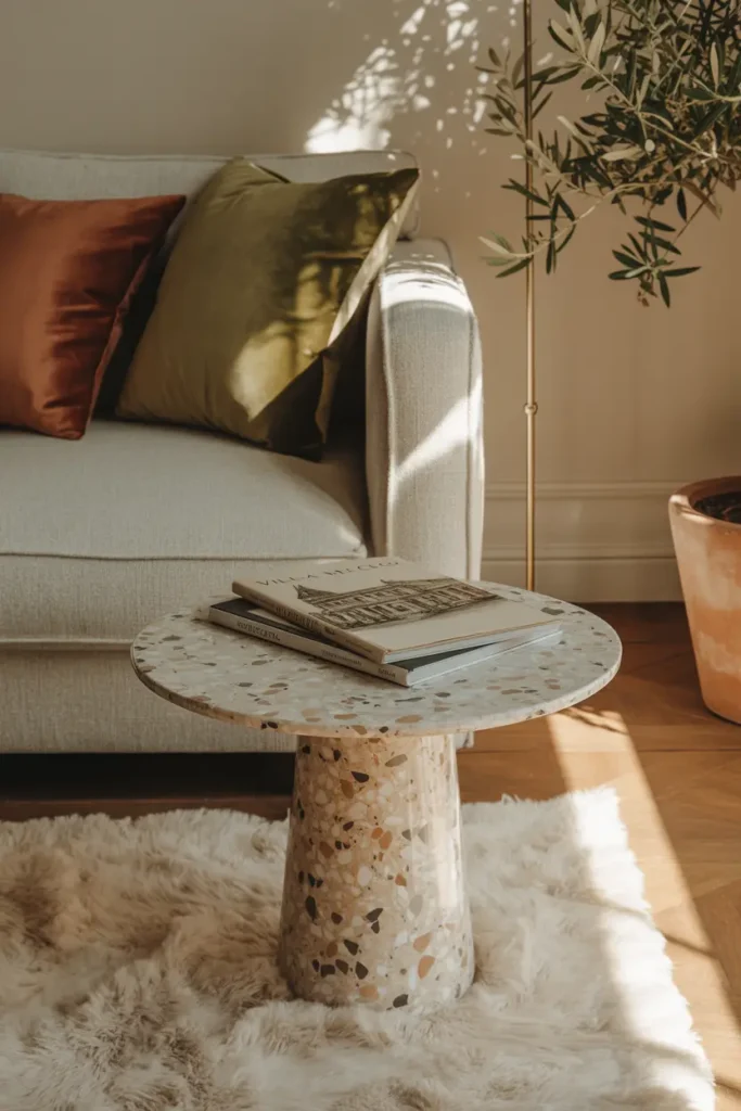 Intérieur cozy moderne avec table d'appoint en terrazzo italien, mélange de matières douces et textures minérales, décoration chaleureuse