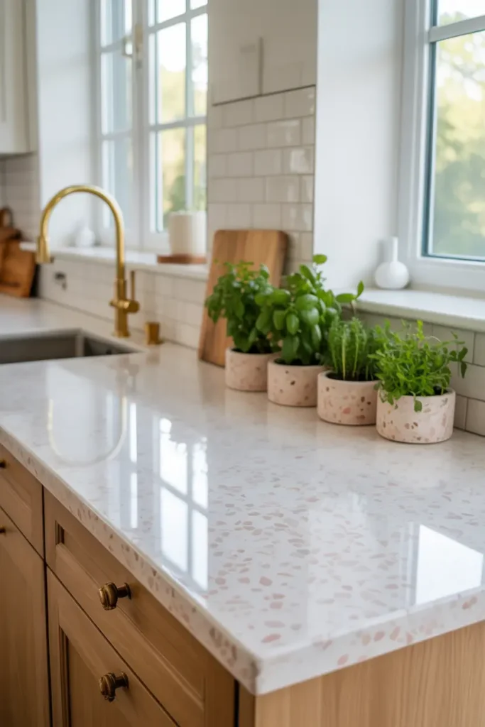 Cuisine moderne avec plan de travail terrazzo clair, tons beige rosé et gris perle, ambiance lumineuse et apaisante