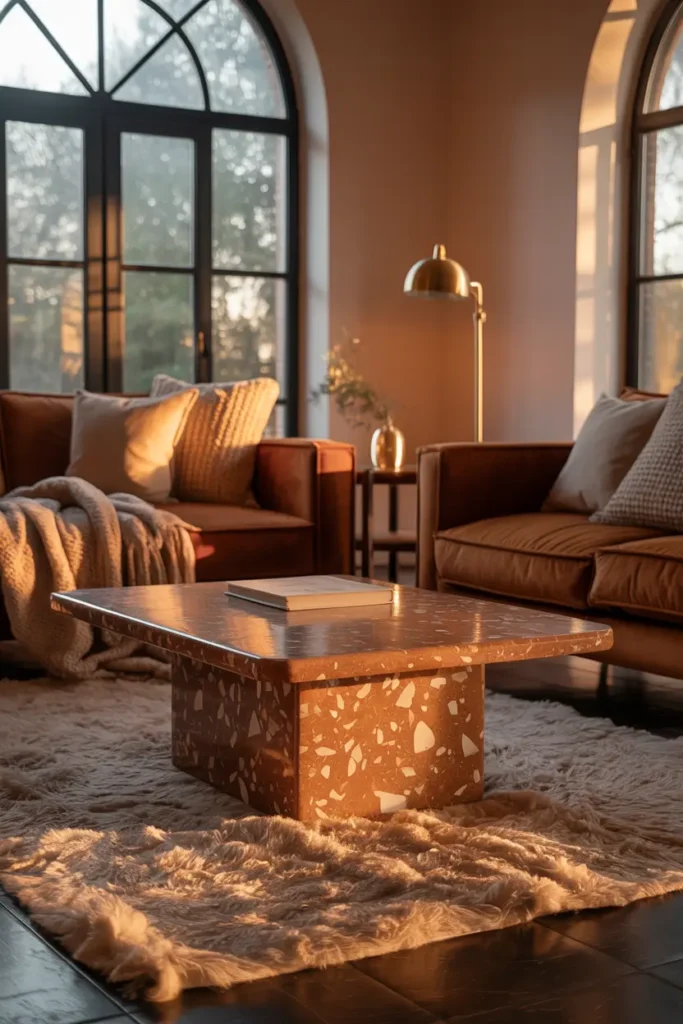 Salon chaleureux avec table basse terrazzo caramel, ambiance enveloppante et textures douces