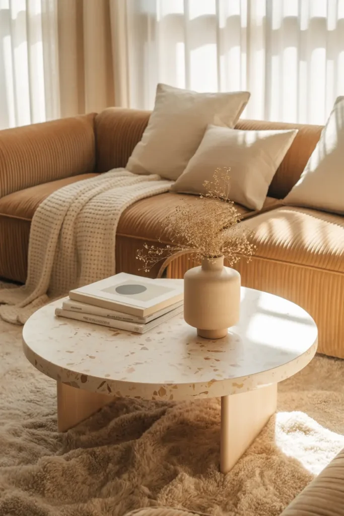 Salon cosy avec table basse ronde en terrazzo beige, pieds en bois clair et canapé velours, ambiance enveloppante