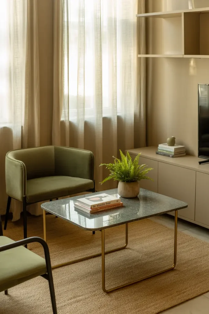 Petit salon optimisé avec table basse terrazzo géométrique, pieds métalliques et mobilier compact