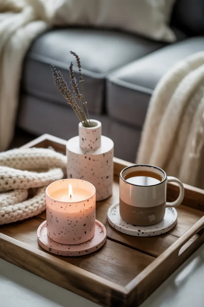 Accessoires déco en terrazzo subtils - porte-bougies, dessous de verre et vase sur table basse dans un salon cosy