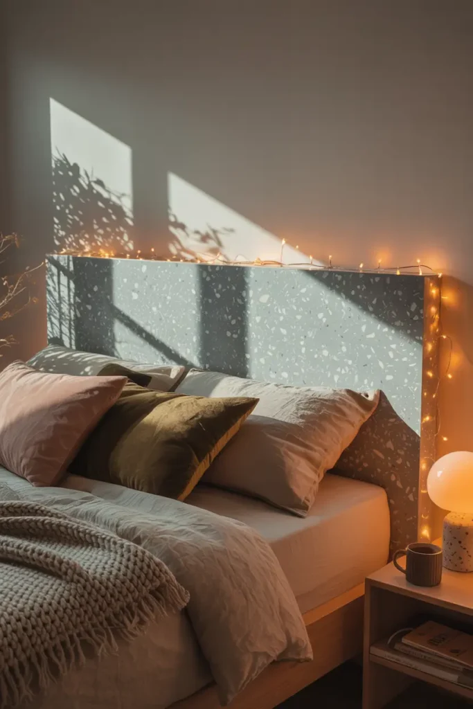 Chambre cosy avec tête de lit terrazzo gris clair, éclairage doux de guirlandes, linge de lit en lin et couverture en laine