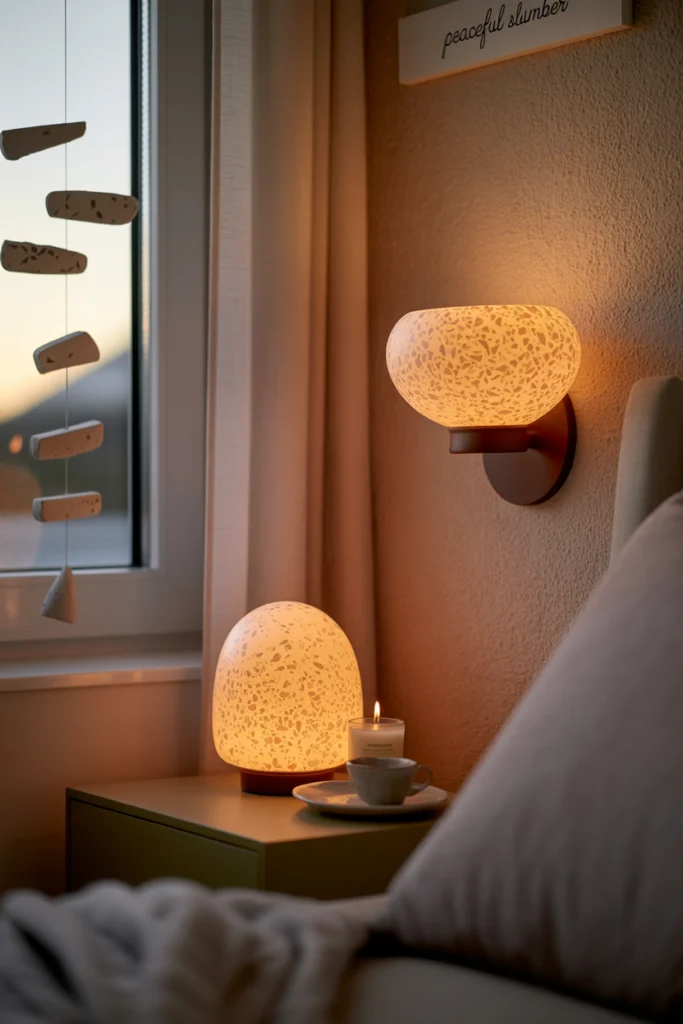 Chambre cosy avec luminaires terrazzo caramel, lumière chaude et ambiance apaisante, mobile terrazzo et bougie parfumée