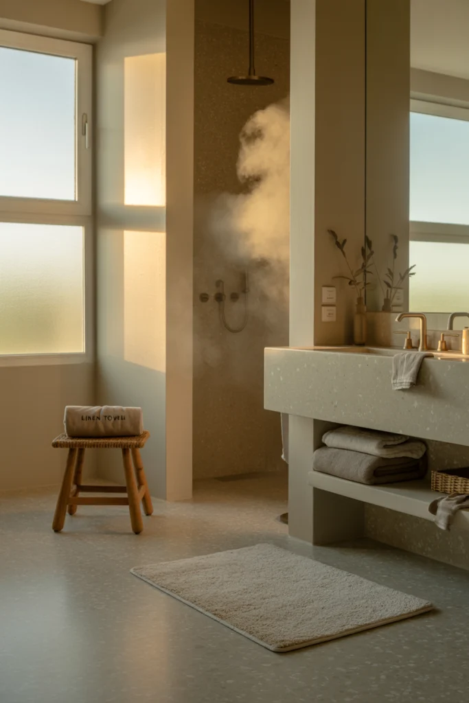 Salle de bain spa avec carrelage terrazzo gris perle, lumière matinale, tapis de bain naturel et ambiance sensorielle