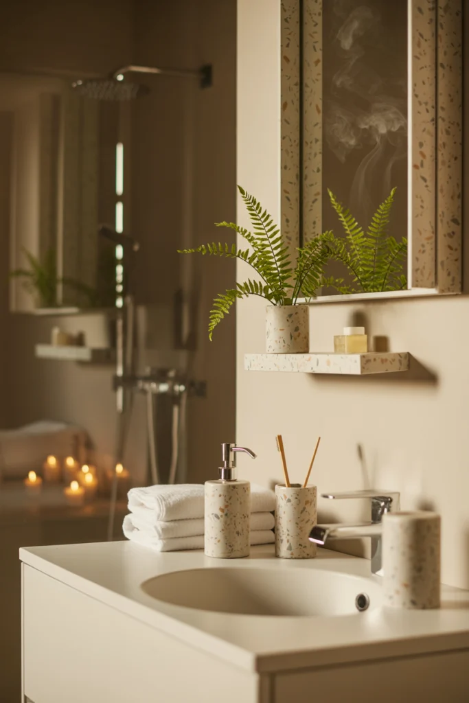 Salle de bain spa avec accessoires terrazzo élégants - distributeur de savon, étagère flottante et miroir, ambiance soirée chaleureuse