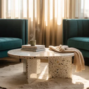 Salon cosy avec table basse en terrazzo beige et gris, canapé velours et tapis doux, décoration chaleureuse et élégante