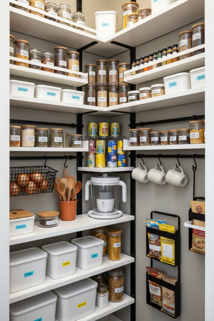 Détail d'un coin de cellier avec étagères modulables, plateau tournant et accessoires suspendus optimisant l'espace.