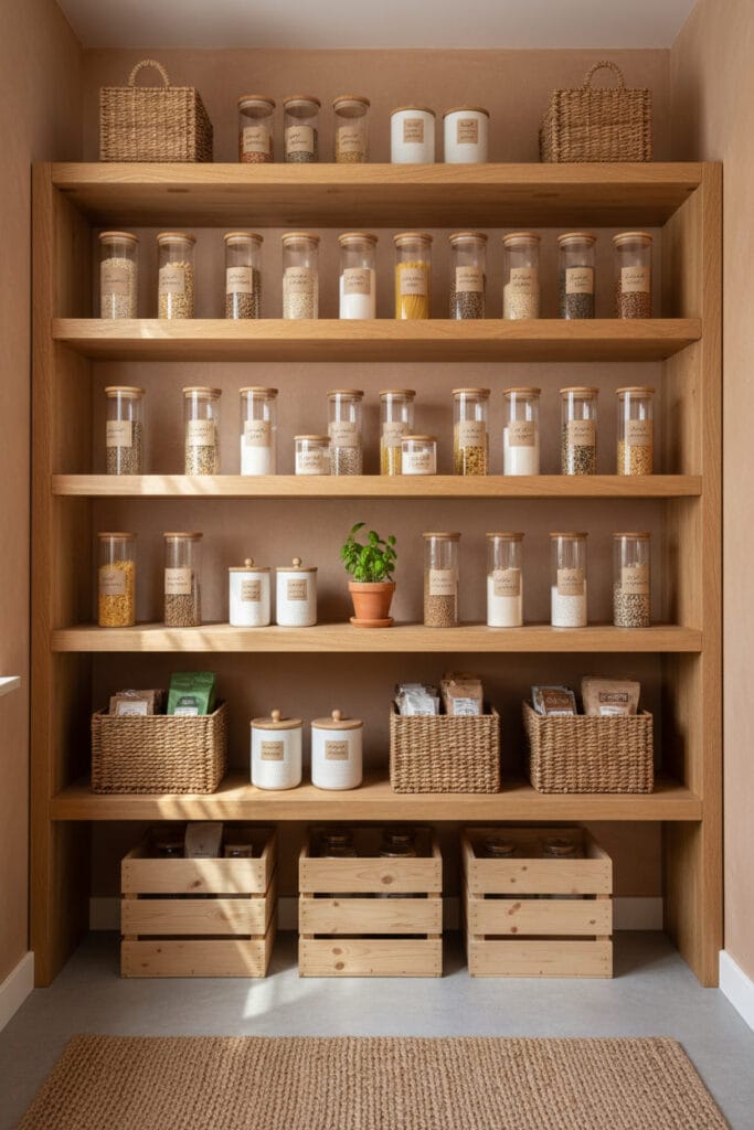 Cellier avec étagères en bois massif épais, paniers en osier et peinture murale suédine, ambiance naturelle et chaleureuse.