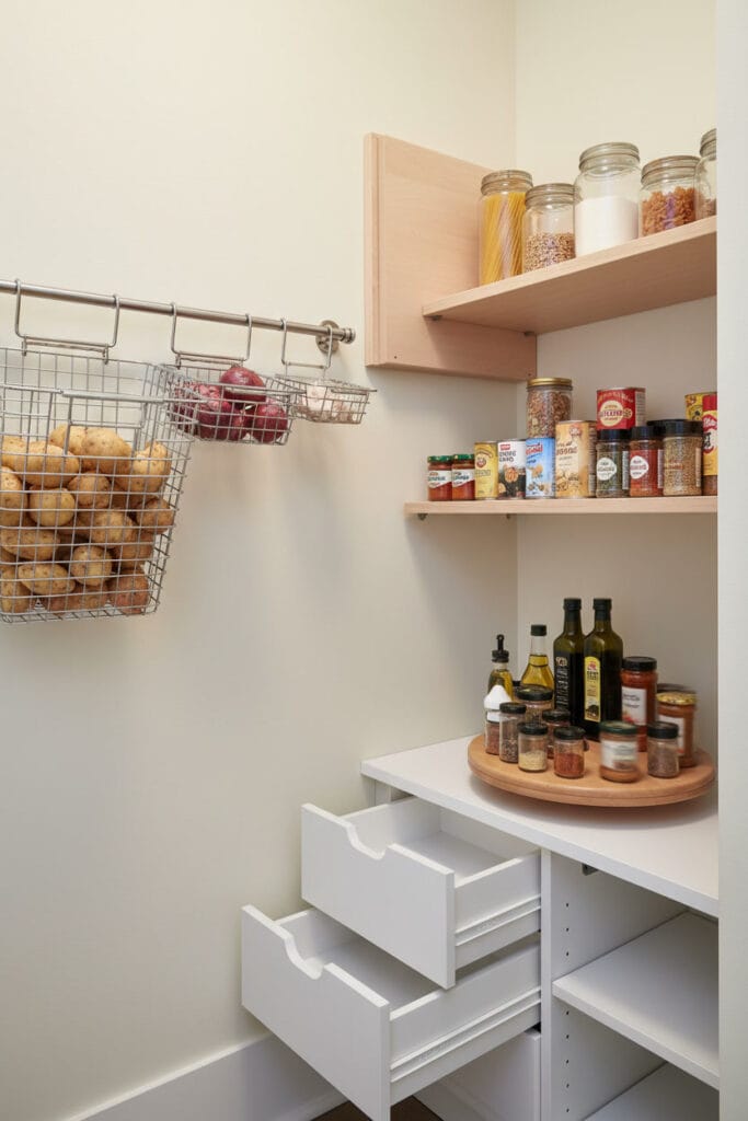 Systèmes de rangement coulissants dans un petit cellier : rail mural avec paniers, étagère escamotable, plateau tournant et tiroirs en cascade.