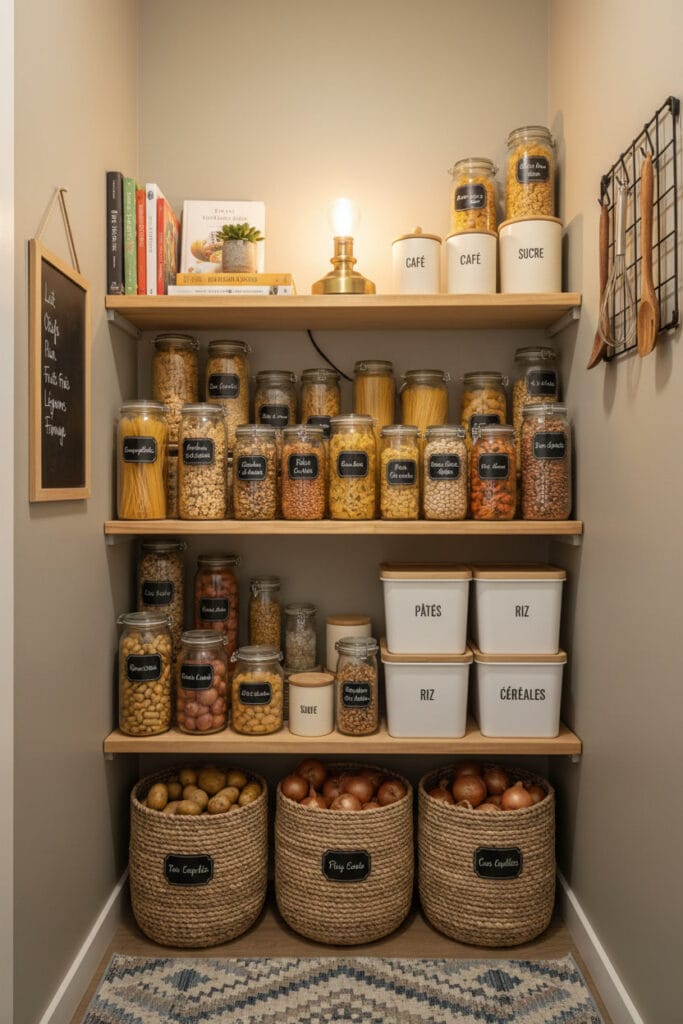 Cellier chaleureux, plein et bien organisé, avec étagères en bois remplies, étiquettes calligraphiées, tableau noir et mini-étagère décorative