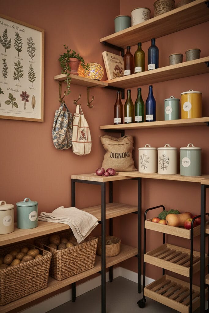 Cellier bohème-chic chaleureux et bien organisé, avec un mélange de matières équilibré et des astuces d'organisation discrètes.