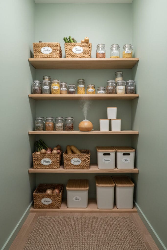 Petit cellier aux murs vert sauge, bien rempli et organisé, avec un diffuseur d'huiles essentielles.