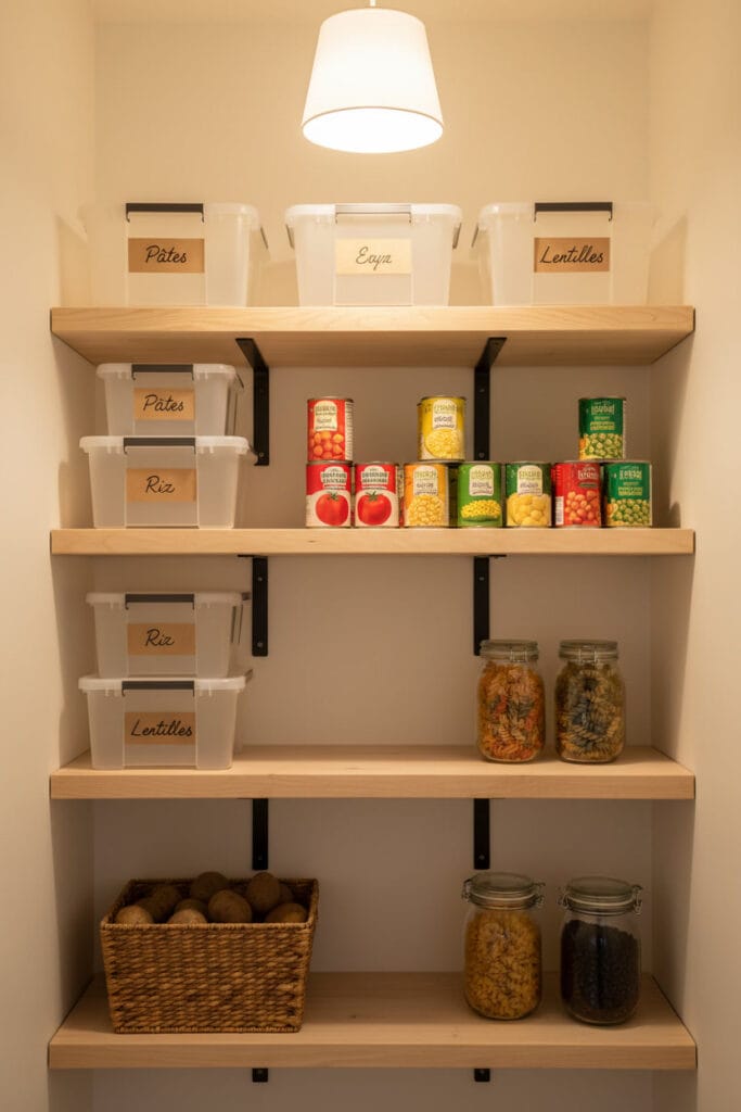 Petit cellier économique et harmonieux avec étagères en bois, boîtes transparentes, conserves colorées et éclairage simple.