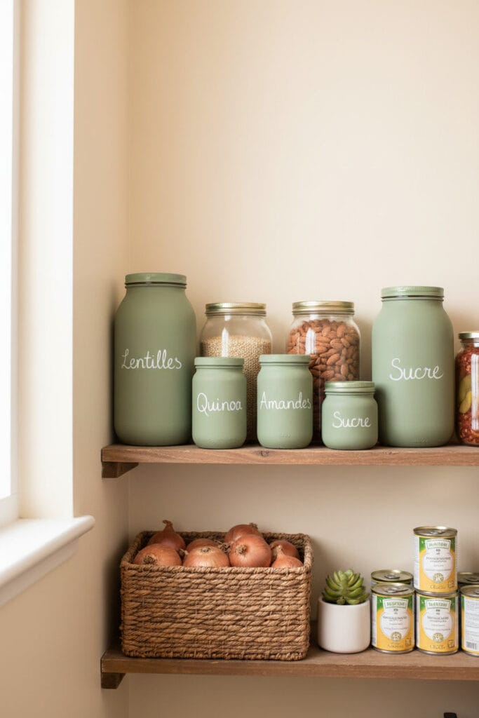 Collection de bocaux en verre customisés à la peinture à craie dans un petit cellier, avec le contenu écrit directement dessus.