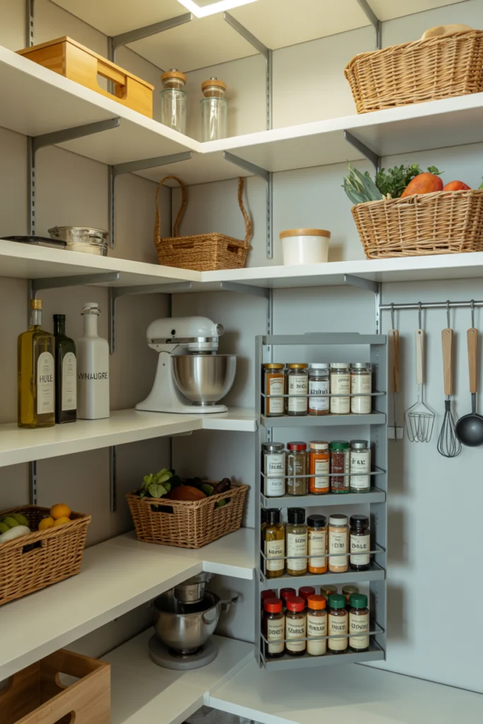 Aménagement cellier modulable avec étagères ajustables et rangements intelligents
