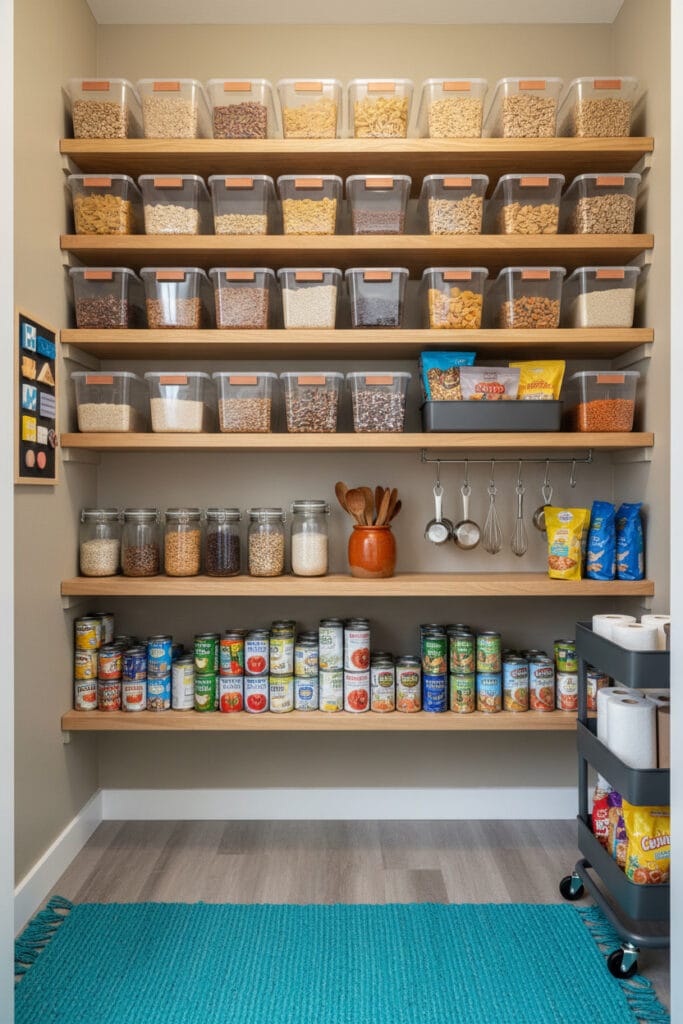 Cellier organisé avec étagères du sol au plafond, boîtes transparentes et bocaux en verre, optimisation de l'espace vertical.