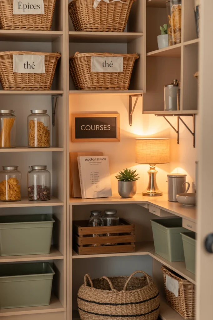 Aménagement cellier chaleureux avec rangements organisés et touches décoratives