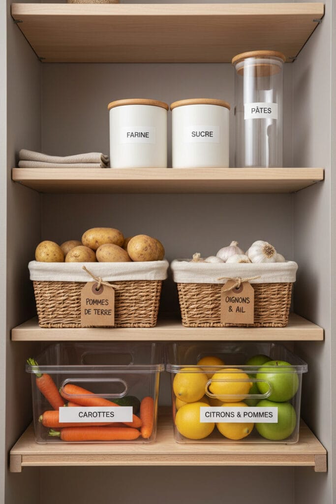 Organisation d'un cellier avec paniers en osier, boîtes hermétiques et bacs à légumes, tous étiquetés avec soin.