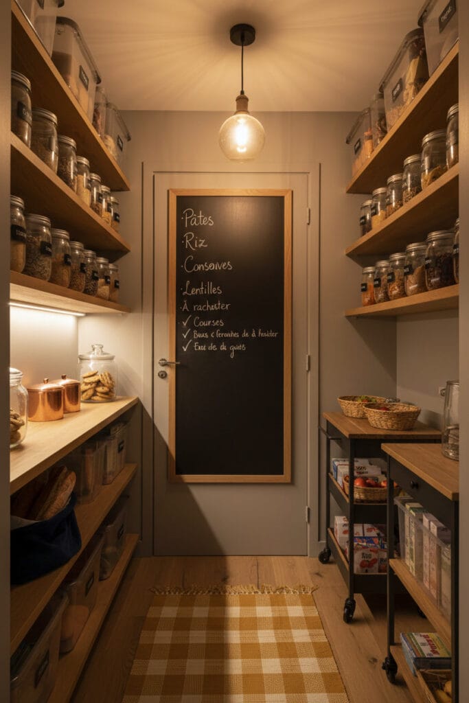 Cellier organisé le soir mettant en avant un tableau de gestion des stocks et un éclairage d'ambiance.