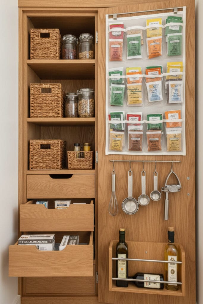 Solutions de stockage innovantes avec tiroirs extra-plats et porte équipée d'un organisateur, de crochets et d'un porte-bouteilles sécurisé.