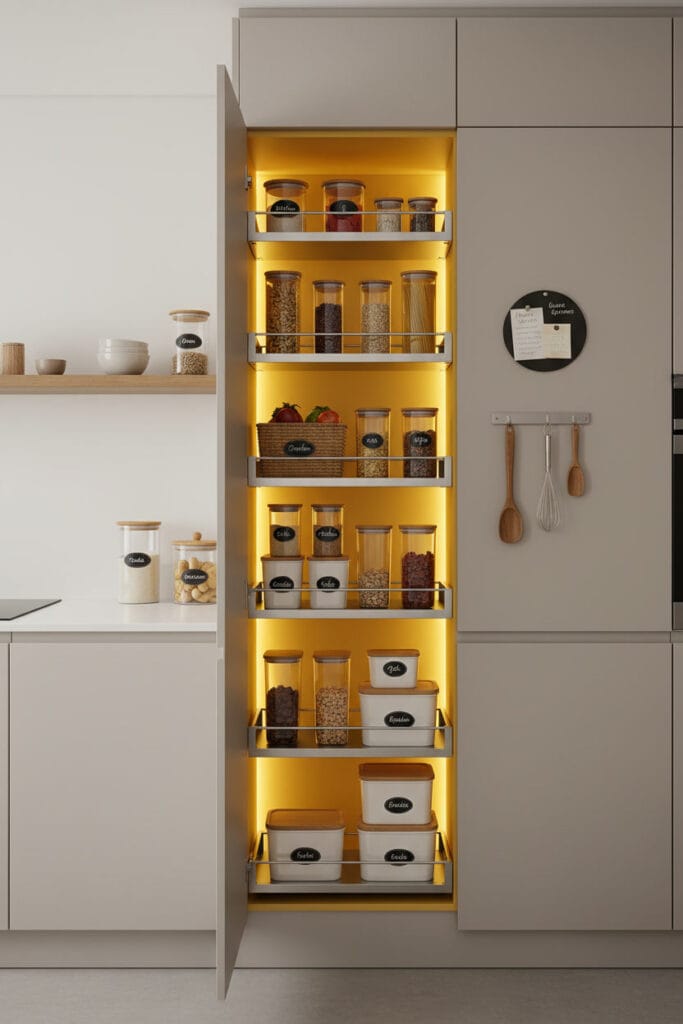 Cellier invisible intégré dans un placard de cuisine, avec intérieur coloré et étagères coulissantes organisées.