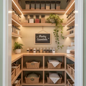 Amenagement cellier moderne avec étagères en bois, rangements transparents et organisation verticale maline.