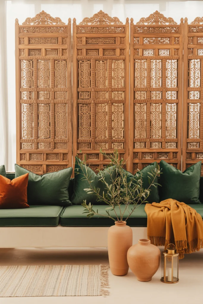 Claustra bois neuf style oriental dans un intérieur contemporain aux couleurs chaudes et cosy
