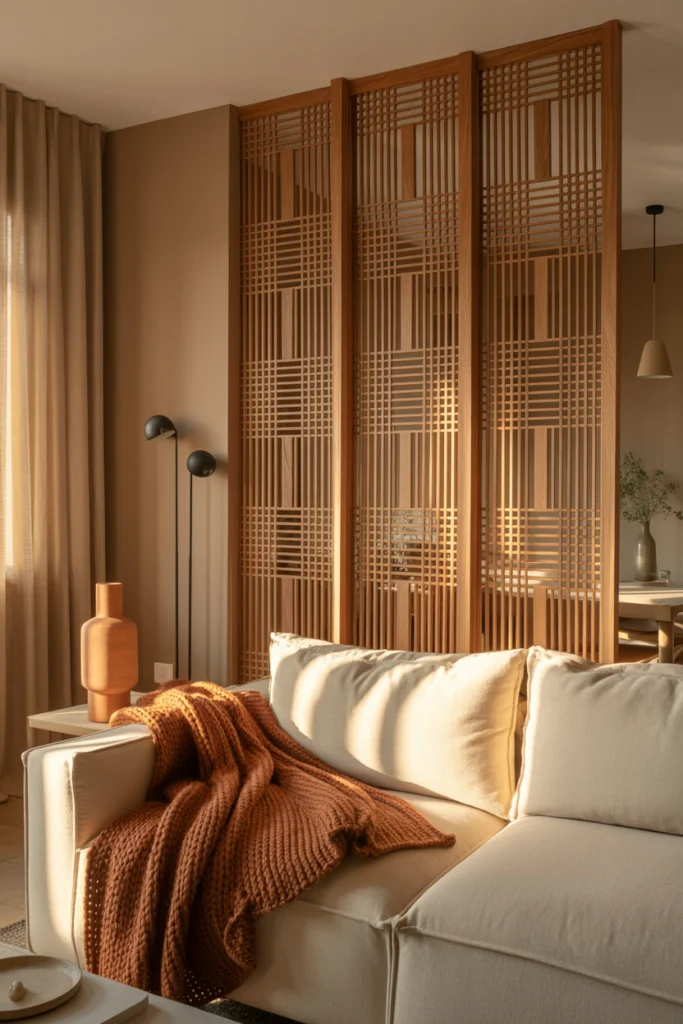 Claustra bois chêne naturel dans un salon contemporain cosy