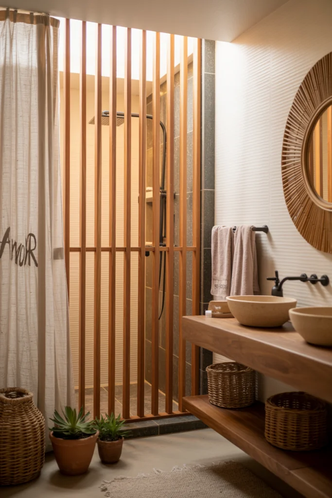 Claustra bois teck dans une salle de bain bohème chic spa