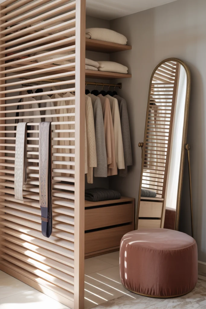 Claustra bois organisateur dans un dressing moderne épuré