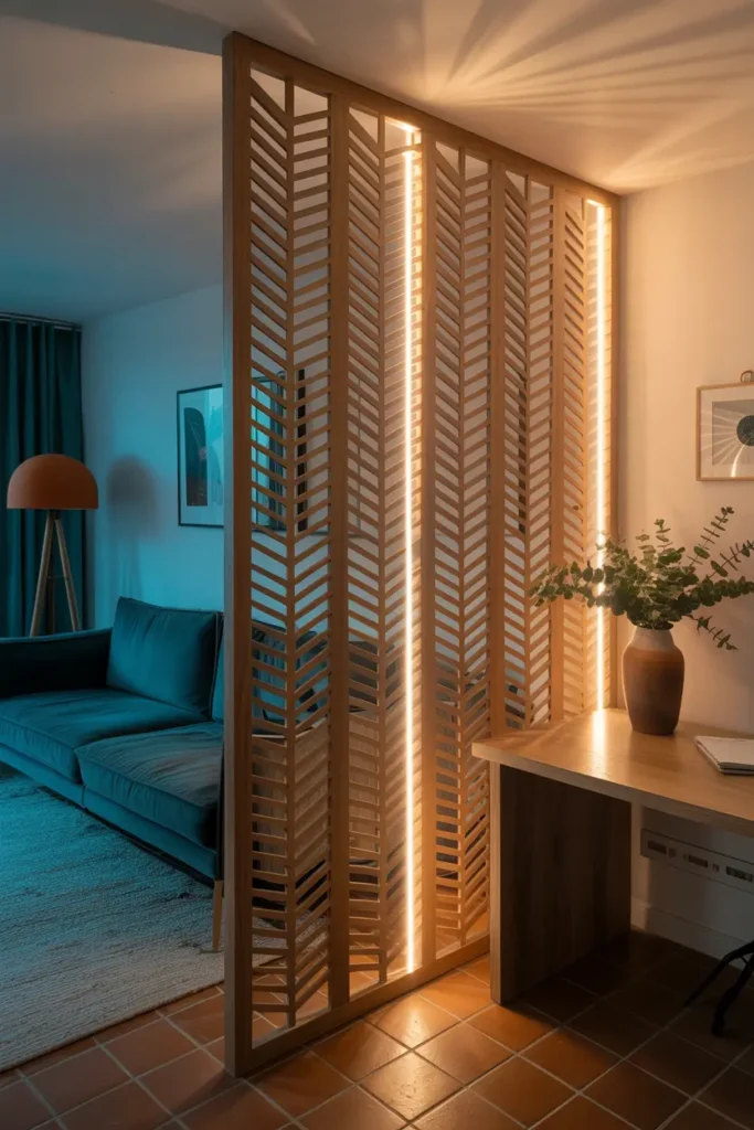 Claustra bois à motifs feuilles séparant un salon et un bureau avec éclairage LED intégré