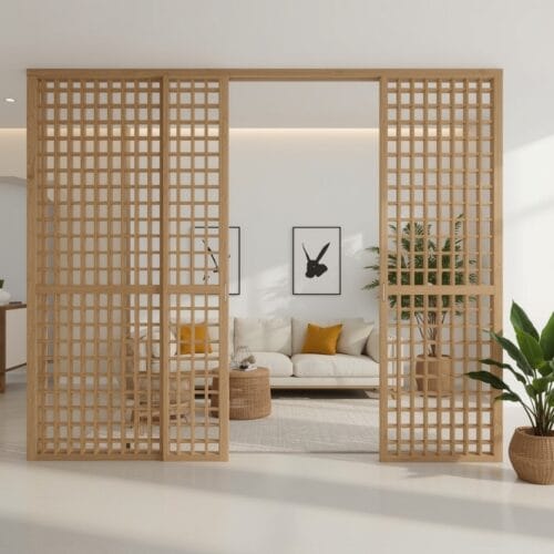 Claustra bois en chêne naturel séparant un salon élégant, avec motifs géométriques et décoration cosy.