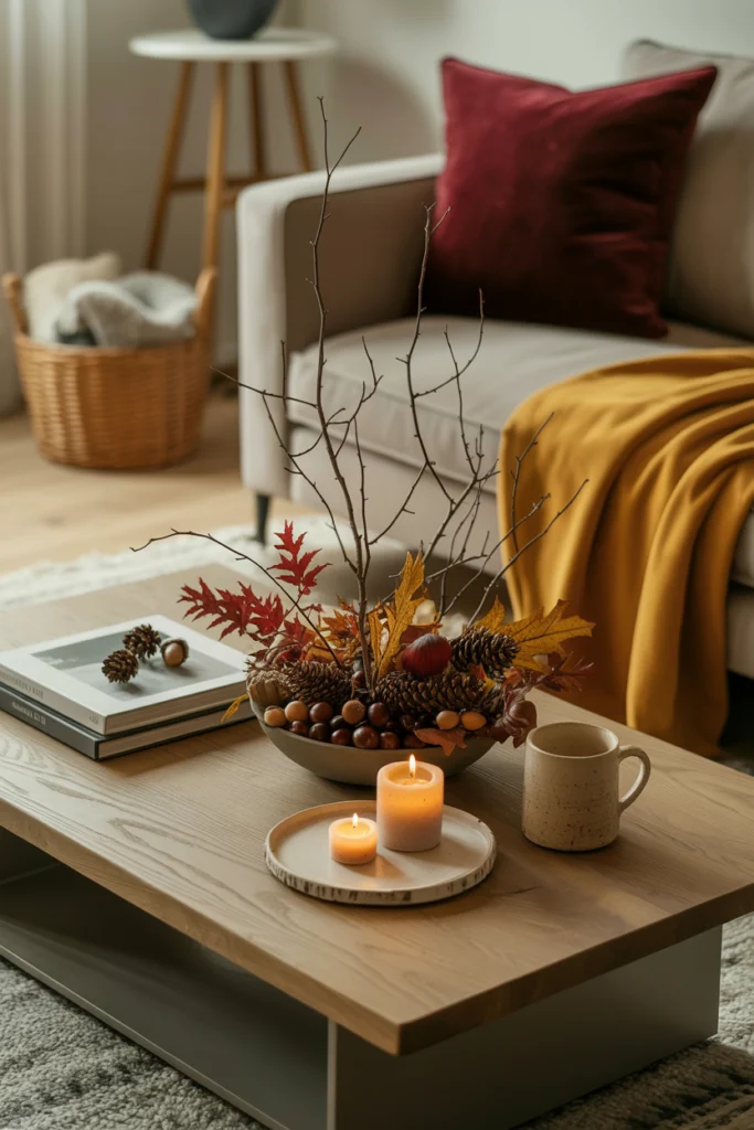 Décoration Automne centre de table naturel sur table de salon avec bougies et plaids