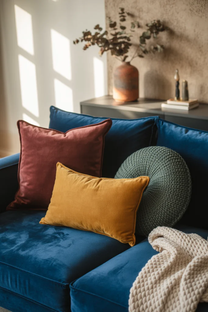 Décoration Automne avec coussins velours et laine sur canapé moderne