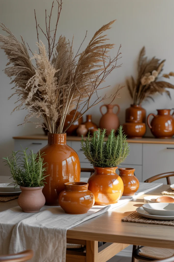 Décoration Automne avec poteries terre cuite et herbes aromatiques sur table salle à manger
