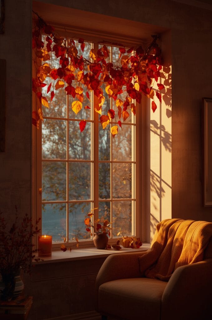 Décoration Automne guirlande de feuilles suspendue au-dessus d'une fenêtre