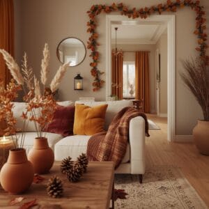 Décoration Automne cosy dans un salon moderne avec centre de table naturel, coussins en velours, plaids superposés et lanternes.