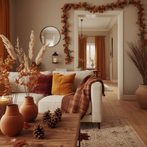 Décoration Automne cosy dans un salon moderne avec centre de table naturel, coussins en velours, plaids superposés et lanternes.