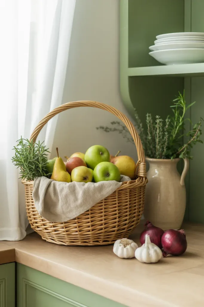 décoration cuisine avec panier osier rangement fruits