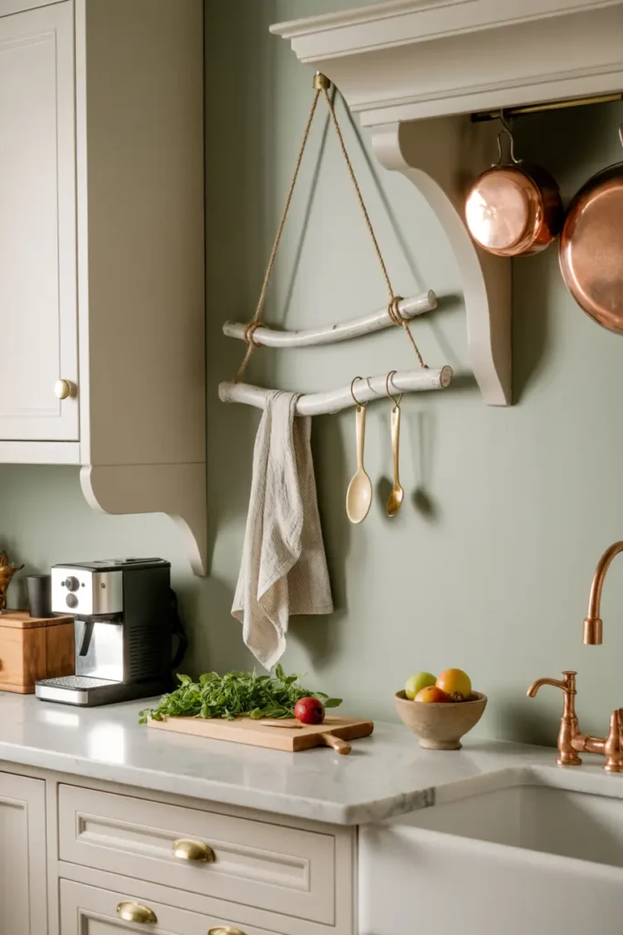 décoration cuisine avec porte-torchon branches naturelles
