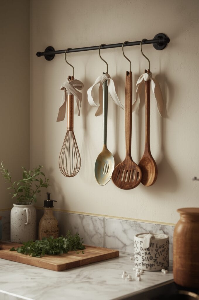 décoration cuisine avec rangement cintres ustensiles