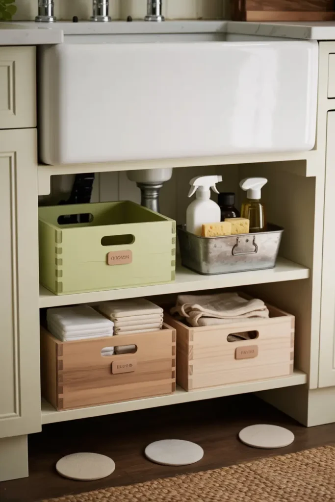 décoration cuisine avec rangement caisses bois sous évier