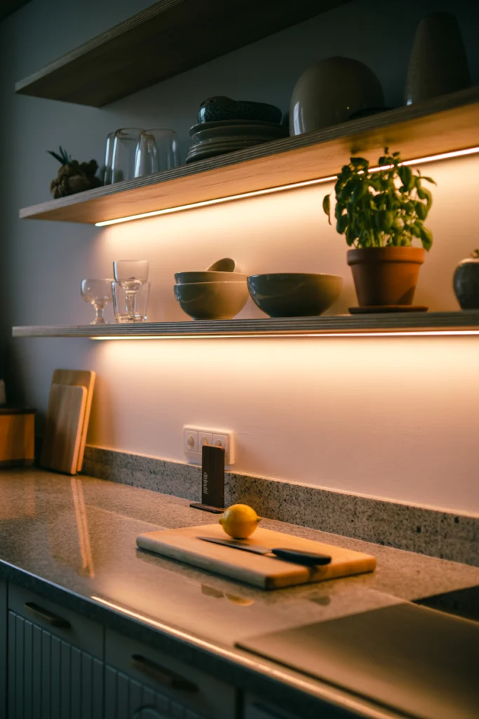 décoration cuisine avec éclairage LED cosy sous étagères