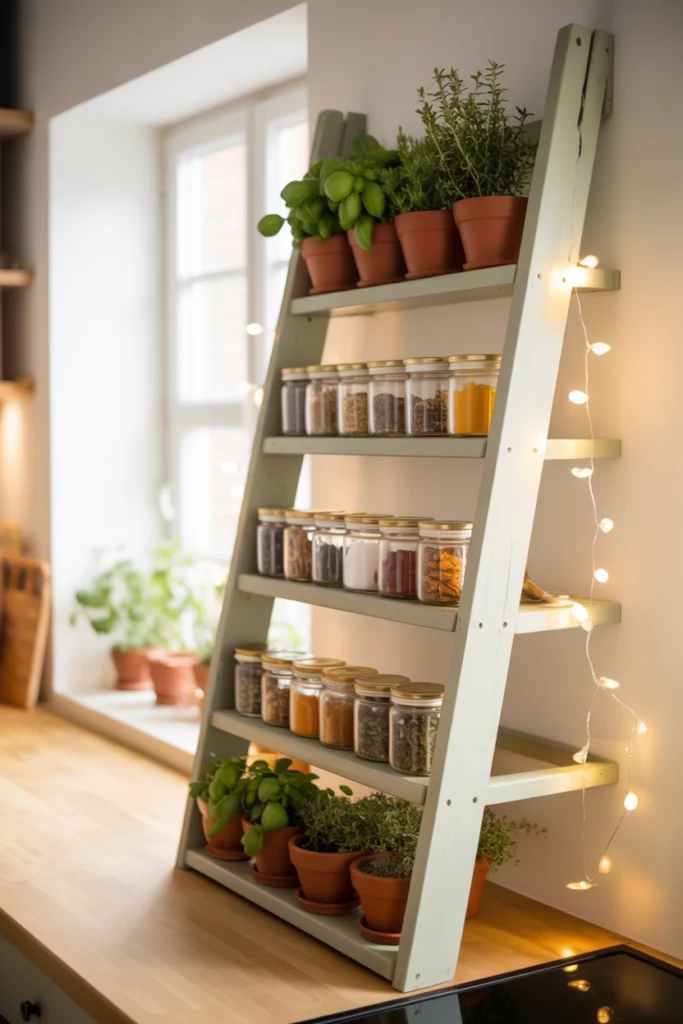 décoration cuisine avec étagère échelle à épices et plantes aromatiques