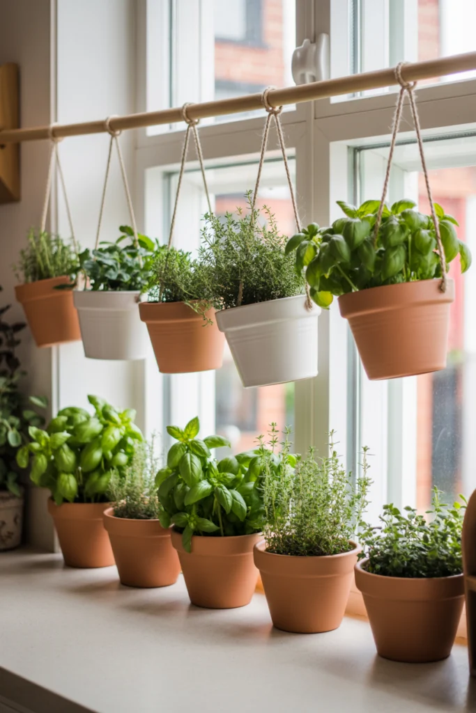 décoration cuisine avec pots suspendus herbes aromatiques