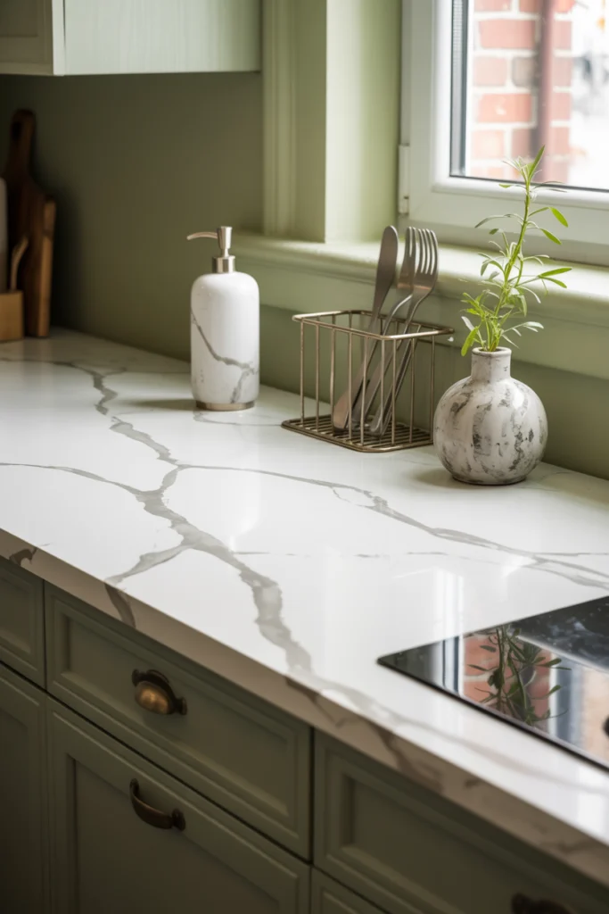 décoration cuisine avec plan de travail faux marbre