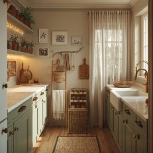 décoration cuisine cosy avec placards vert sage, étagère à épices, plantes aromatiques et éclairage chaleureux