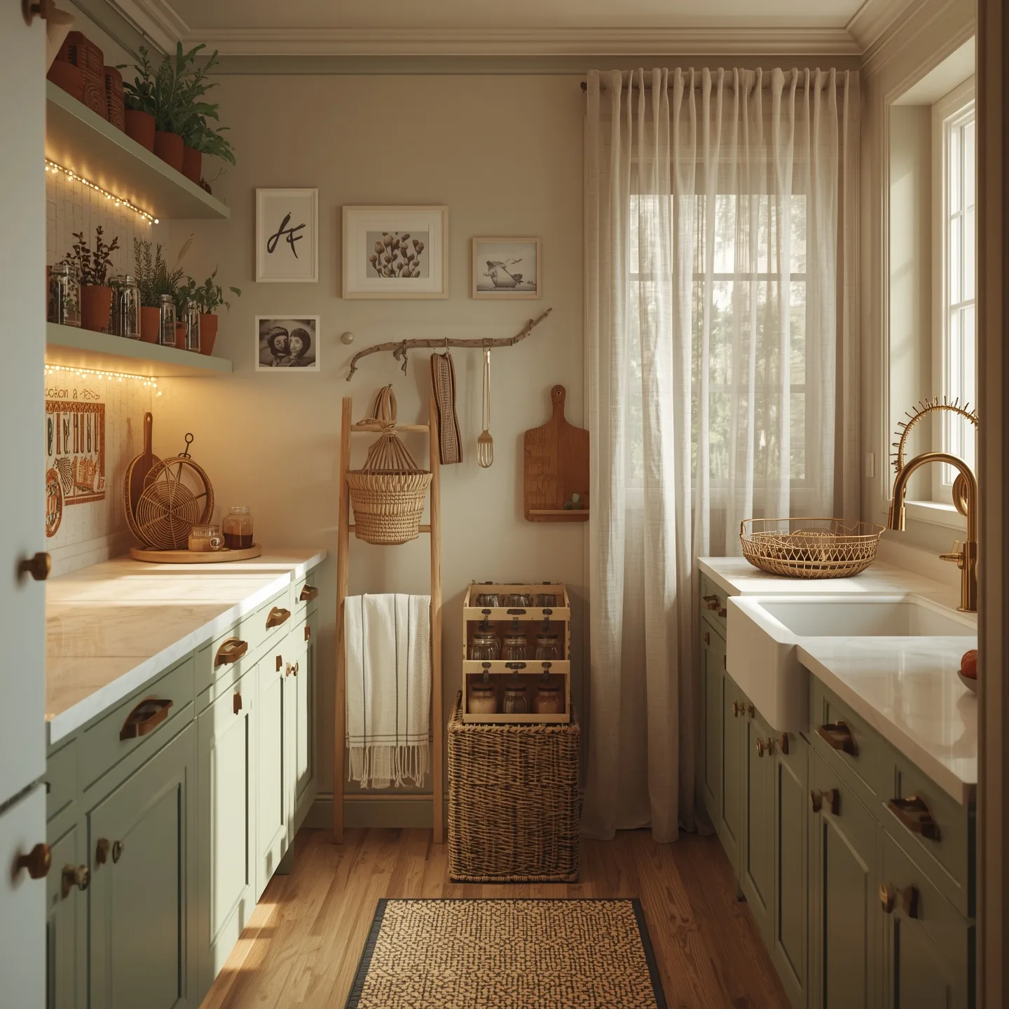 décoration cuisine cosy avec placards vert sage, étagère à épices, plantes aromatiques et éclairage chaleureux