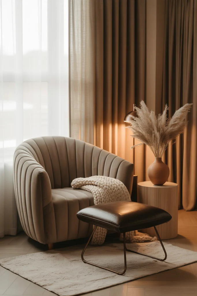 Fauteuil cannelé greige avec repose-pieds métal, plaid doux et éclairage naturel pour un coin lecture cosy.
